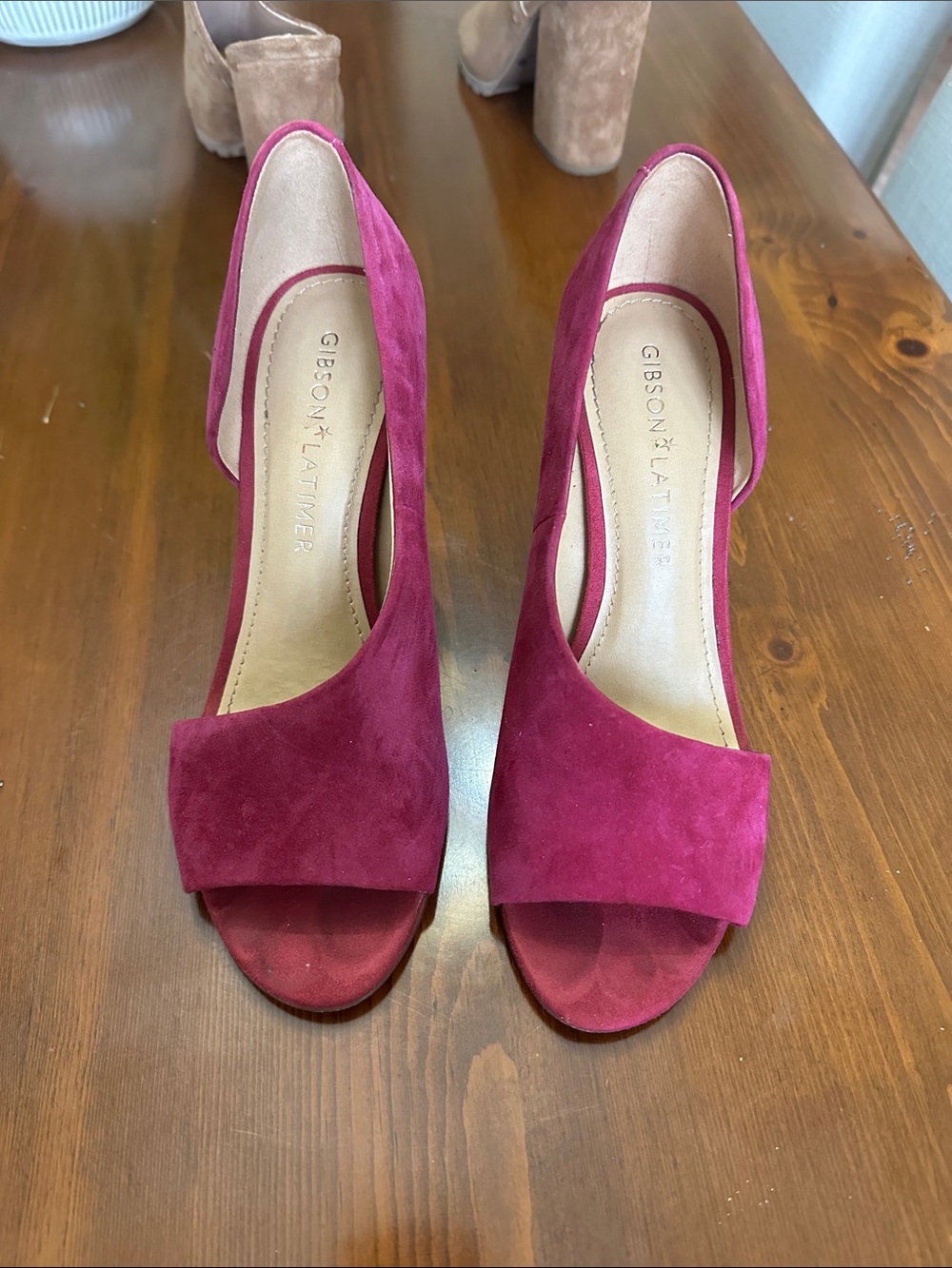 Gibson Latimer Fuchsia Suede Open-Toe Block Heels